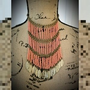 Tribal boho bib coral beaded feathers necklace Accessory Jewelry Statement